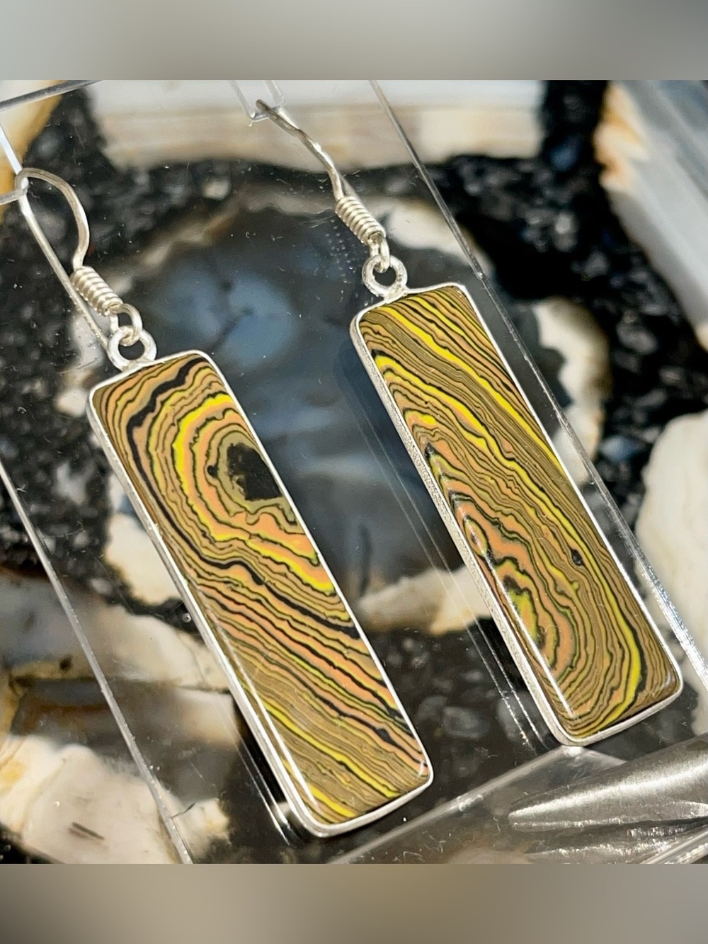 Lightweight Yellow-Brown Rainbow Calsilica Earrings 2 1/4”